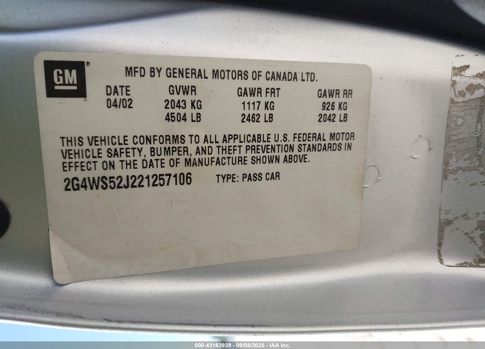 2002 BUICK CENTURY CUSTOM VIN: 2G4WS52J221257106
