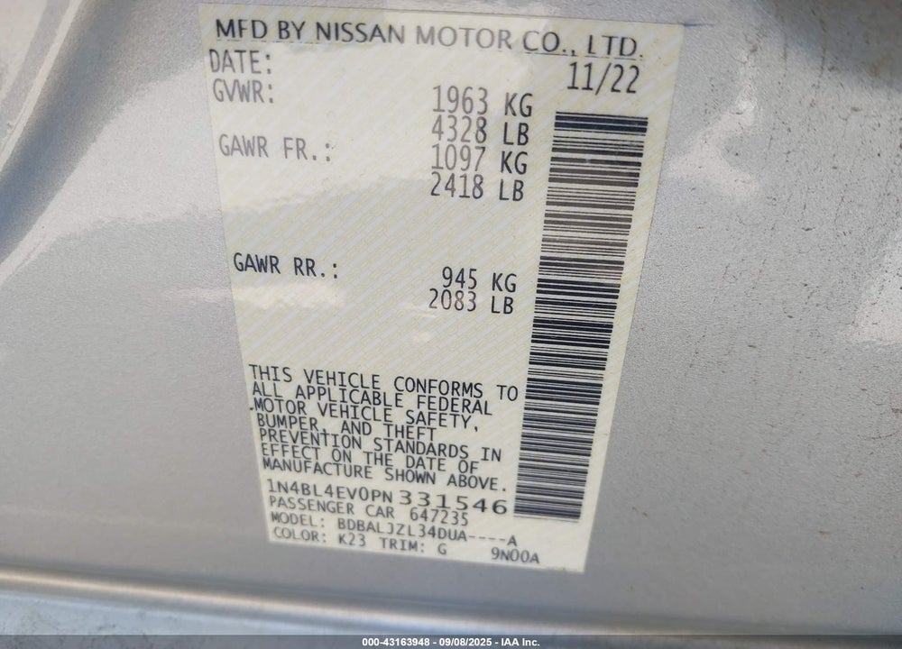 2023 NISSAN ALTIMA VIN: 1N4BL4EV0PN331546
