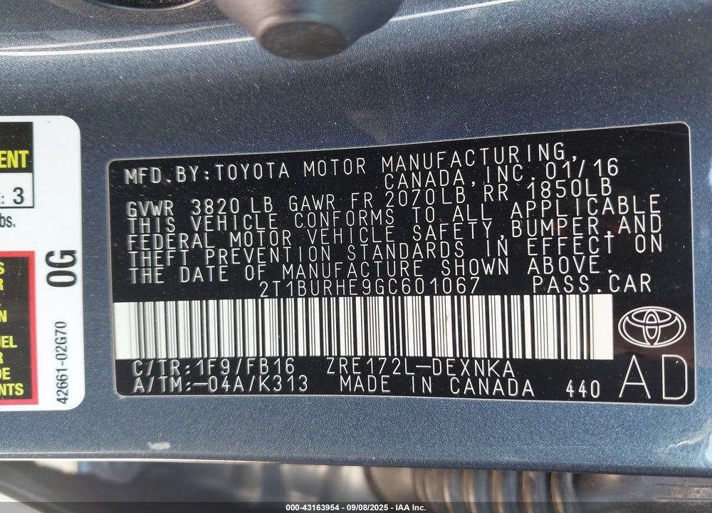 2016 TOYOTA COROLLA VIN: 2T1BURHE9GC601067