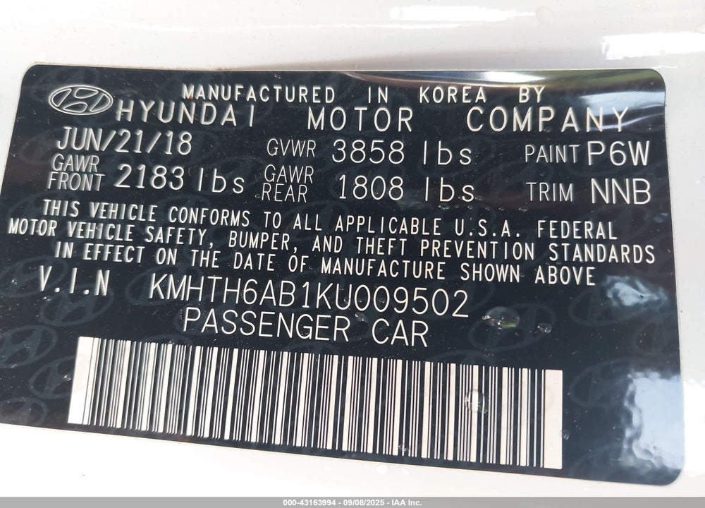 2019 HYUNDAI VELOSTER VIN: KMHTH6AB1KU009502