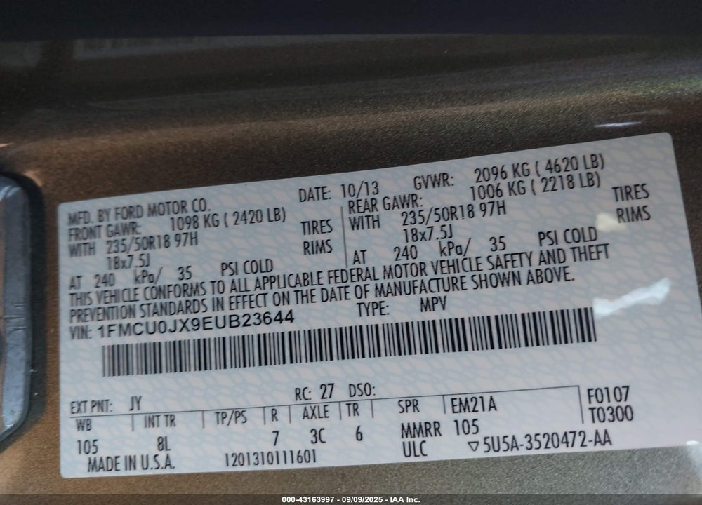 2014 FORD ESCAPE TITANIUM VIN: 1FMCU0JX9EUB23644