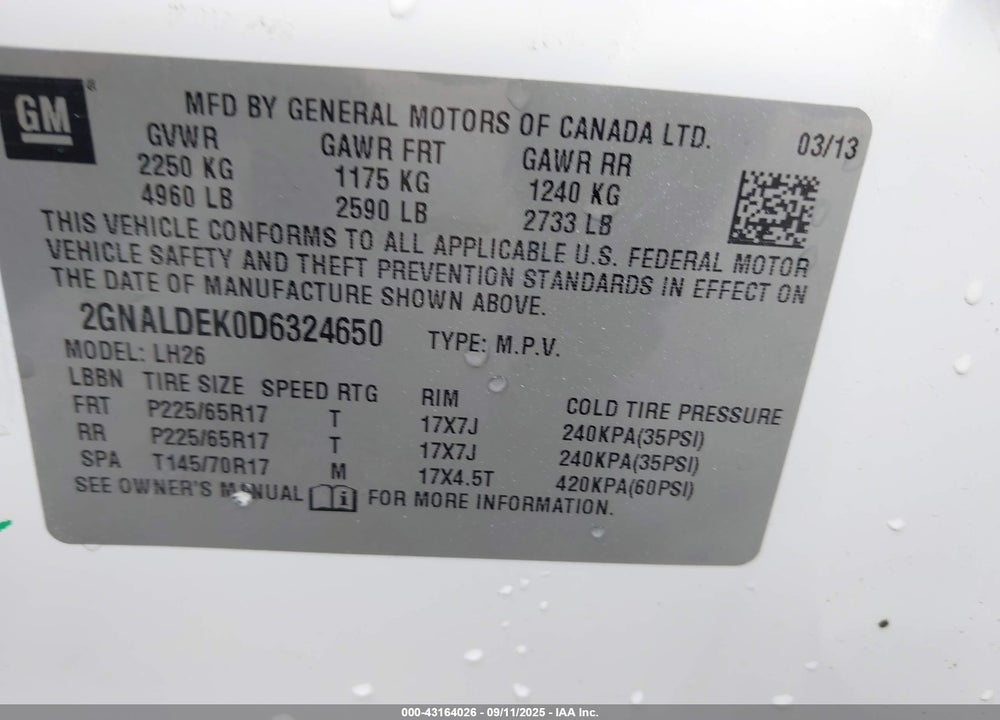 2013 CHEVROLET EQUINOX 1LT VIN: 2GNALDEK0D6324650