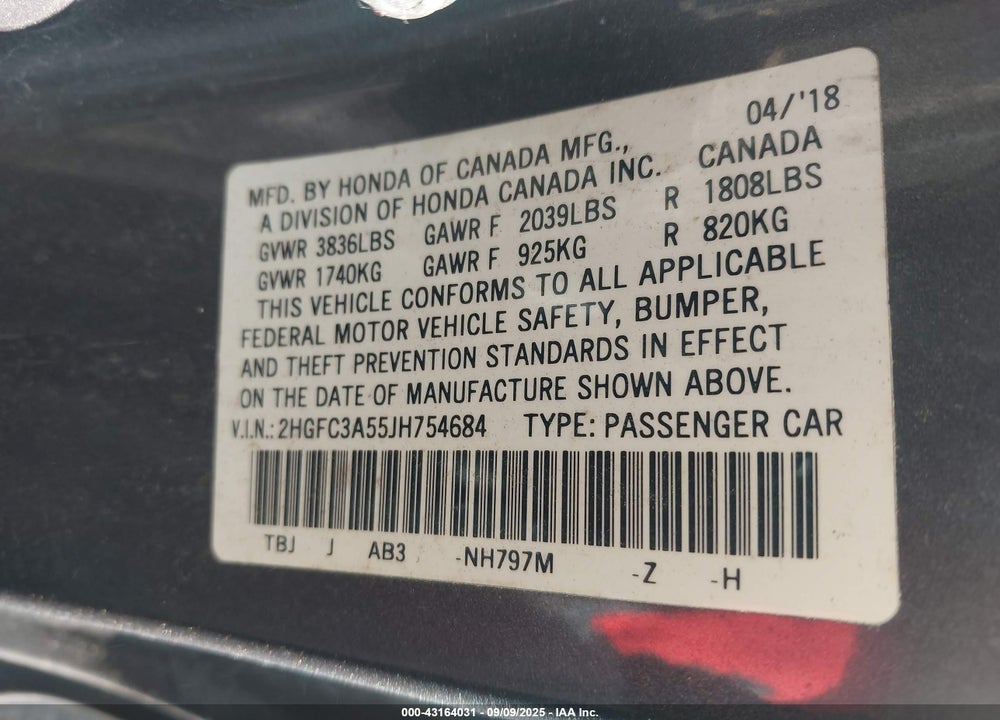 2018 HONDA CIVIC VIN: 2HGFC3A55JH754684