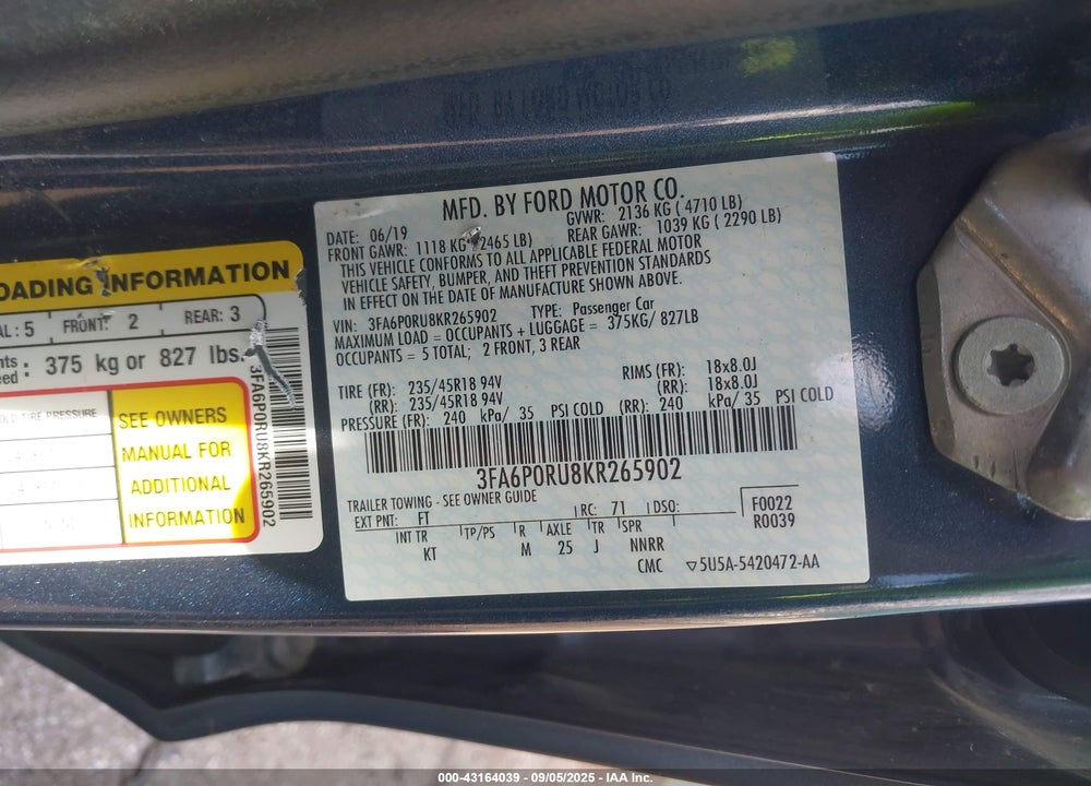 2019 FORD FUSION HYBRID TITANIUM VIN: 3FA6P0RU8KR265902