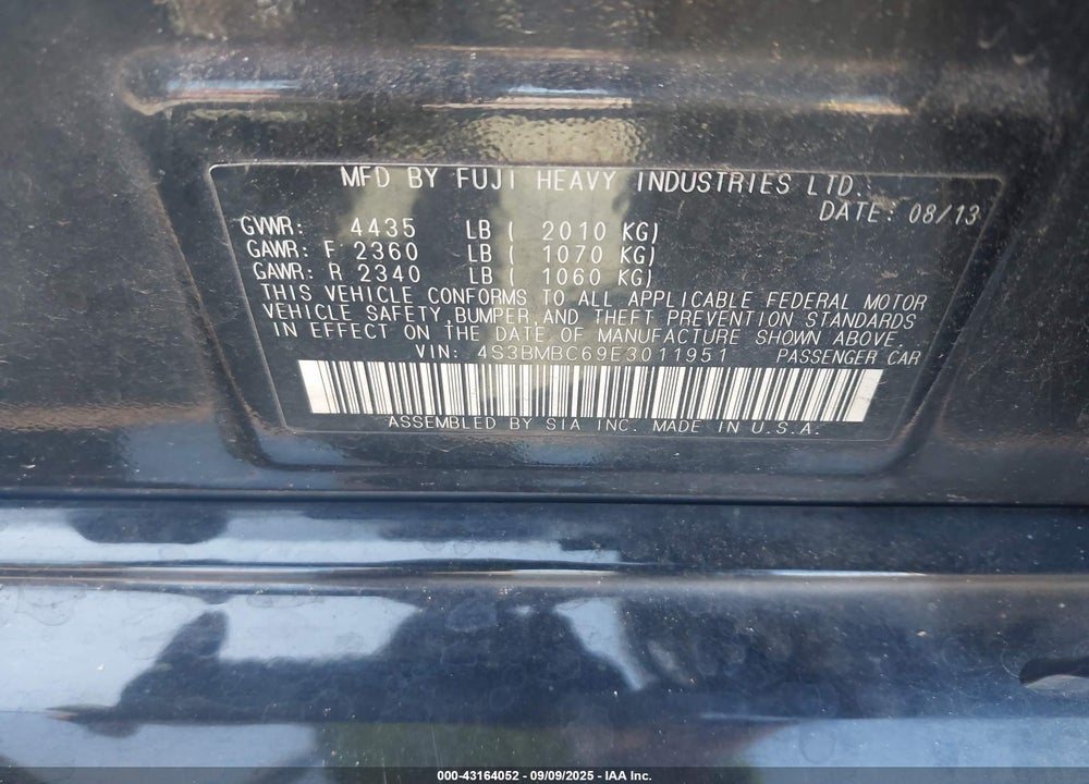 2014 SUBARU LEGACY VIN: 4S3BMBC69E3011951