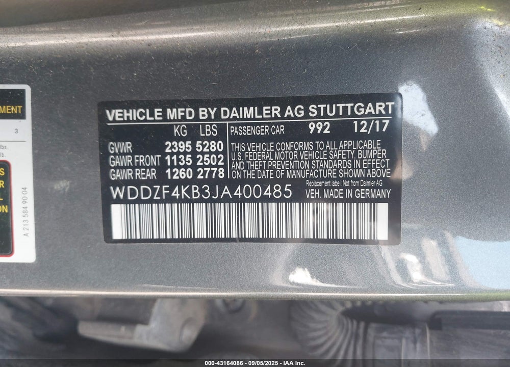 2018 MERCEDES-BENZ E-CLASS VIN: WDDZF4KB3JA400485