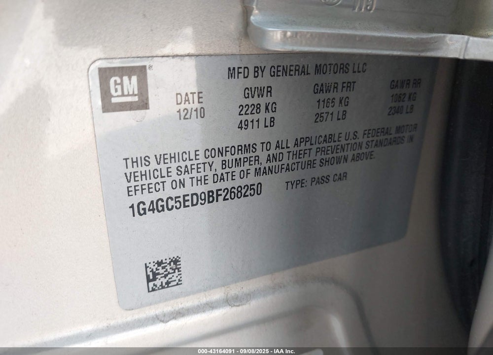 2011 BUICK LACROSSE VIN: 1G4GC5ED9BF268250