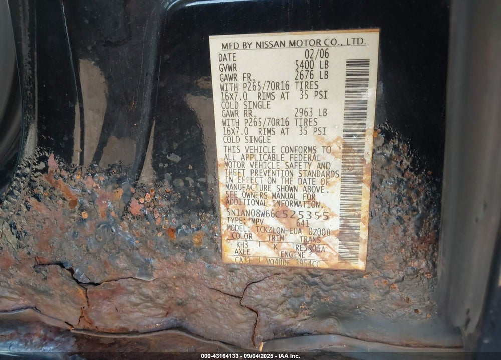 2006 NISSAN XTERRA X VIN: 5N1AN08W66C525355