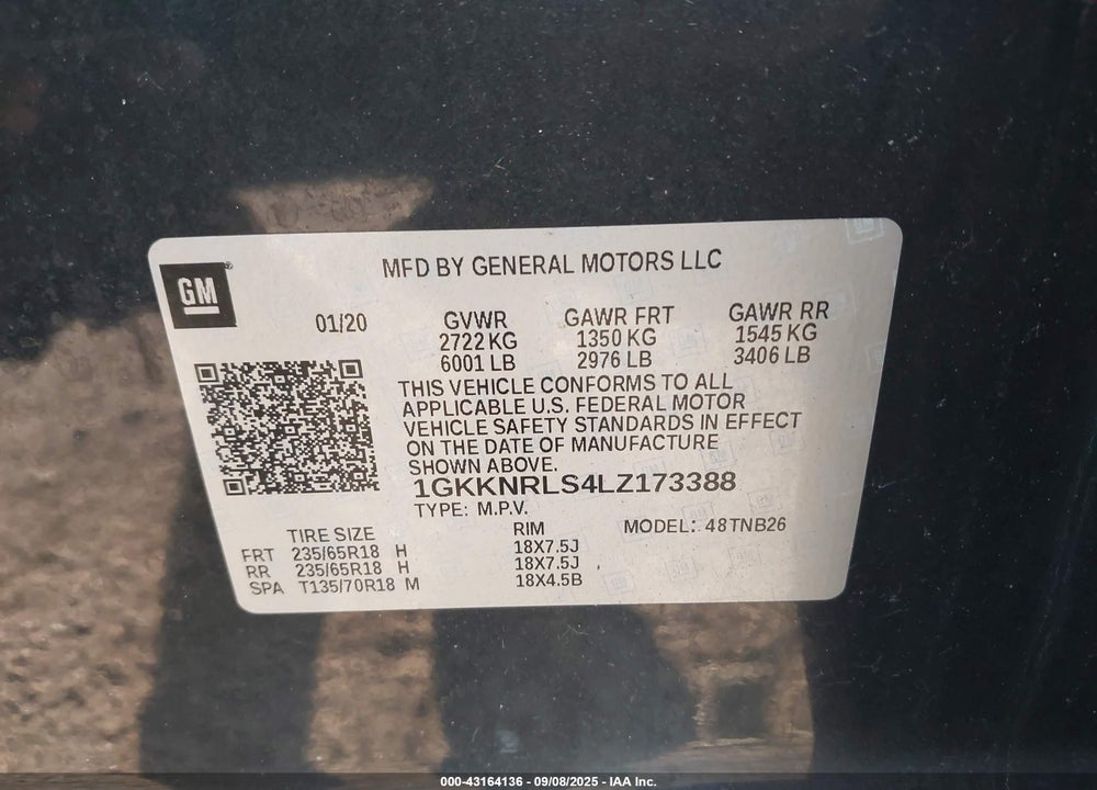 2020 GMC ACADIA VIN: 1GKKNRLS4LZ173388