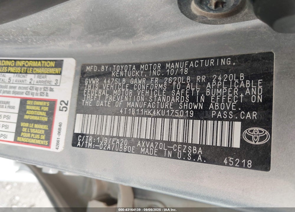 2019 TOYOTA CAMRY VIN: 4T1B11HK4KU175019