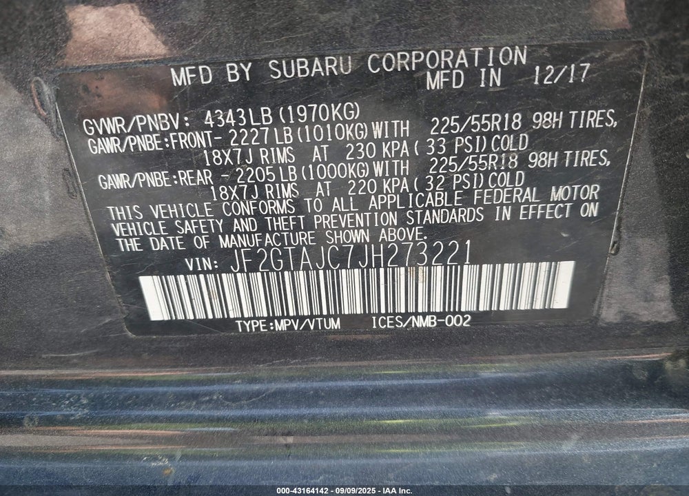2018 SUBARU CROSSTREK VIN: JF2GTAJC7JH273221
