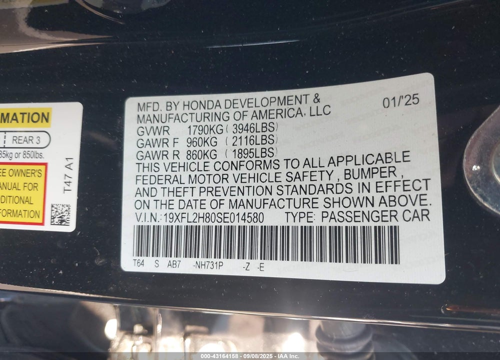 2025 HONDA CIVIC VIN: 19XFL2H80SE014580