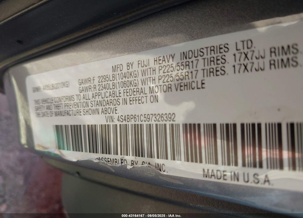 2009 SUBARU OUTBACK VIN: 4S4BP61C597326392