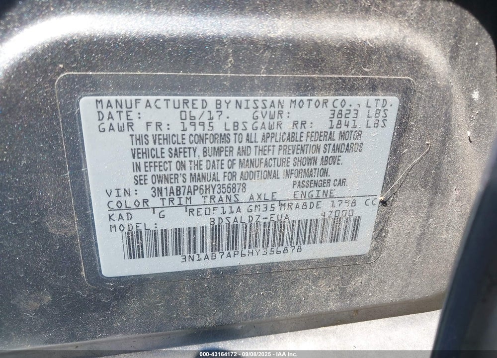2017 NISSAN SENTRA SV VIN: 3N1AB7AP6HY356878