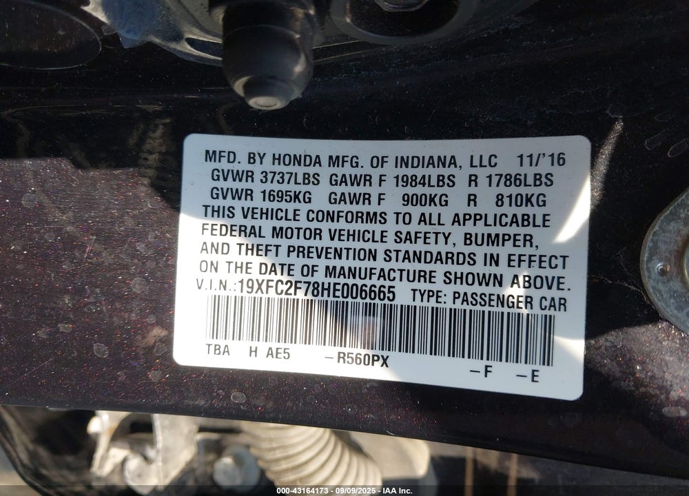 2017 HONDA CIVIC VIN: 19XFC2F78HE006665