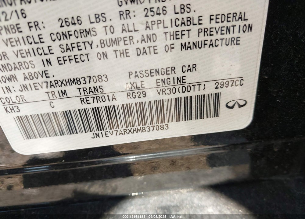 2017 INFINITI Q50 VIN: JN1EV7ARXHM837083