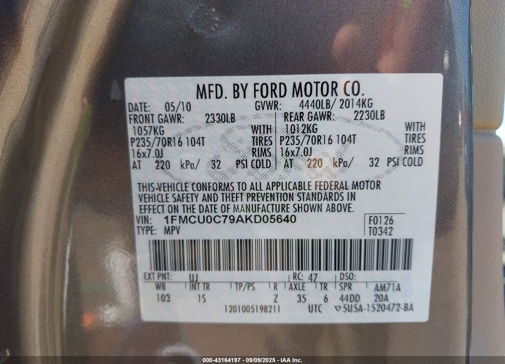 2010 FORD ESCAPE VIN: 1FMCU0C79AKD05640