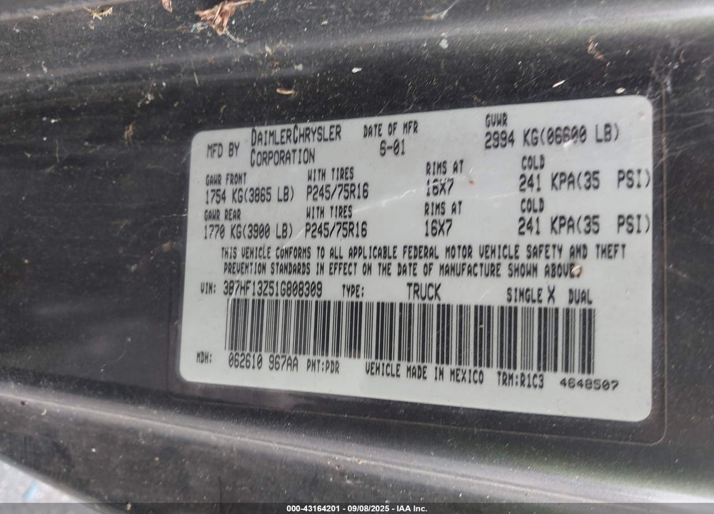 2001 DODGE RAM 1500 ST VIN: 3B7HF13Z51G808309