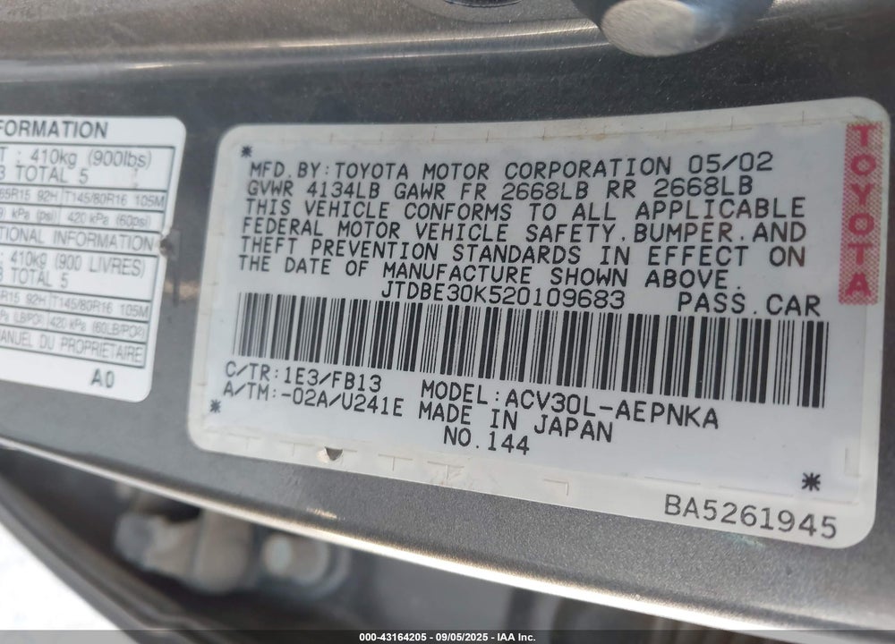 2002 TOYOTA CAMRY LE VIN: JTDBE30K520109683