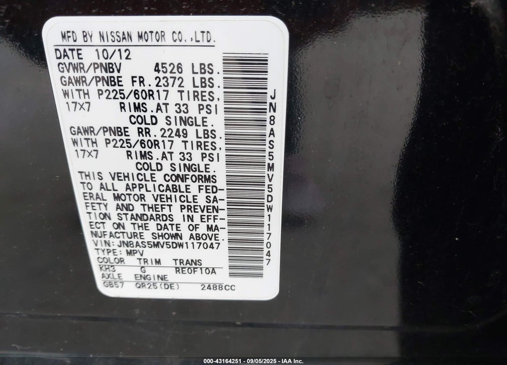 2013 NISSAN ROGUE VIN: JN8AS5MV5DW117047