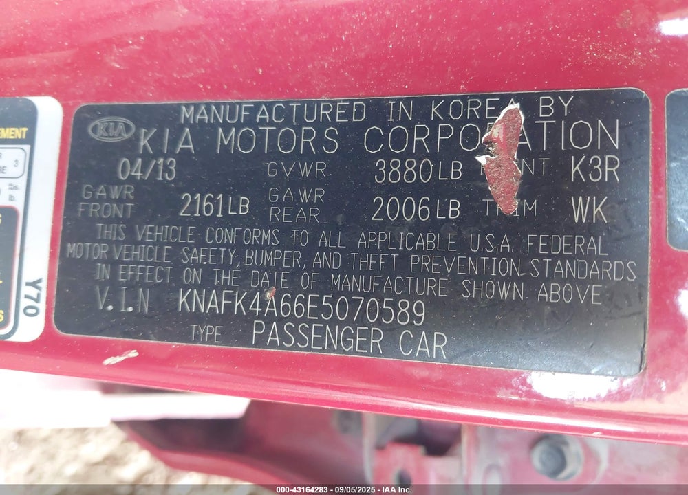 2014 KIA FORTE VIN: KNAFK4A66E5070589