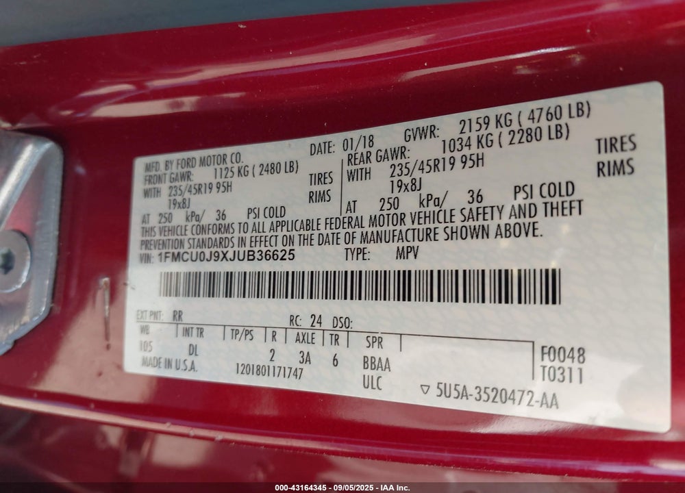 2018 FORD ESCAPE TITANIUM VIN: 1FMCU0J9XJUB36625