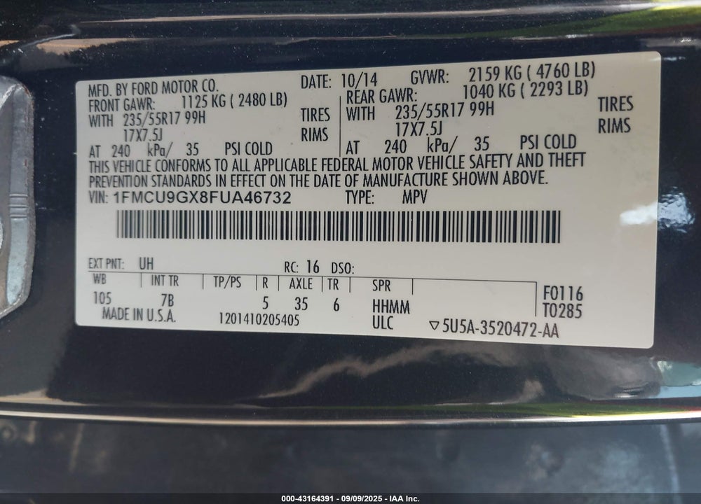 2015 FORD ESCAPE VIN: 1FMCU9GX8FUA46732