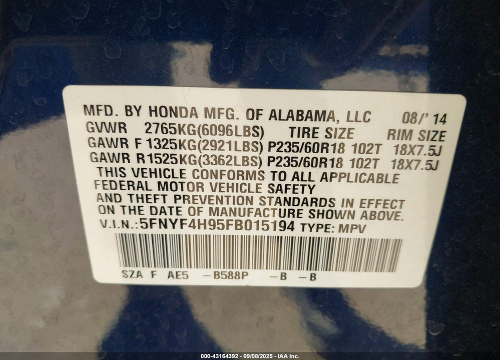 2015 HONDA PILOT VIN: 5FNYF4H95FB015194