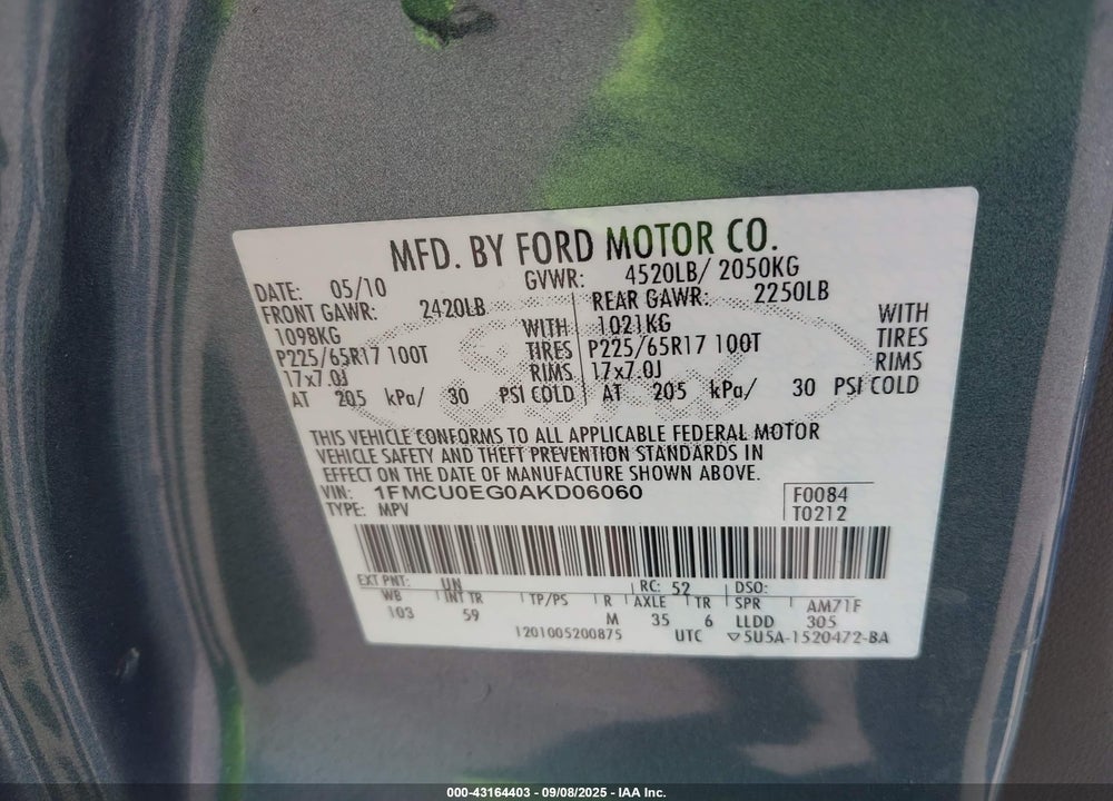 2010 FORD ESCAPE LIMITED VIN: 1FMCU0EG0AKD06060