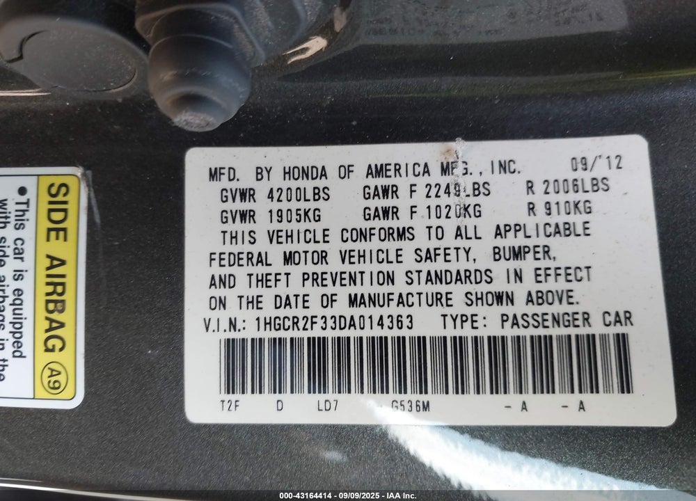 2013 HONDA ACCORD VIN: 1HGCR2F33DA014363