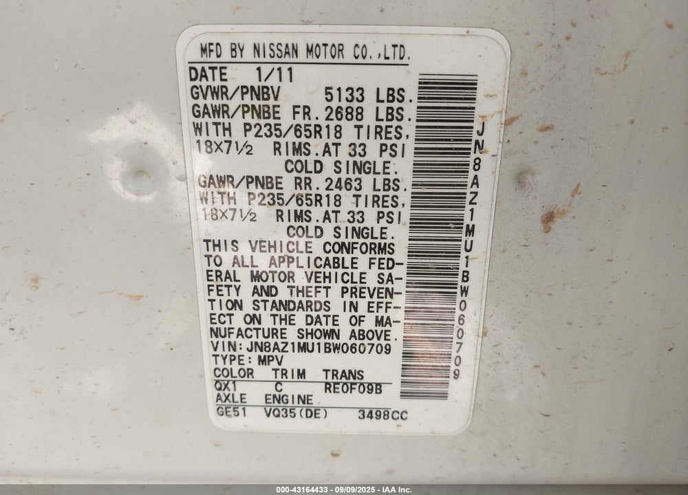 2011 NISSAN MURANO VIN: JN8AZ1MU1BW060709