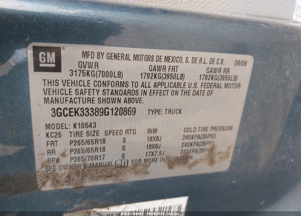 2009 CHEVROLET SILVERADO 1500 VIN: 3GCEK33389G120869