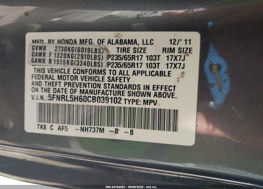 2012 HONDA ODYSSEY VIN: 5FNRL5H60CB039102