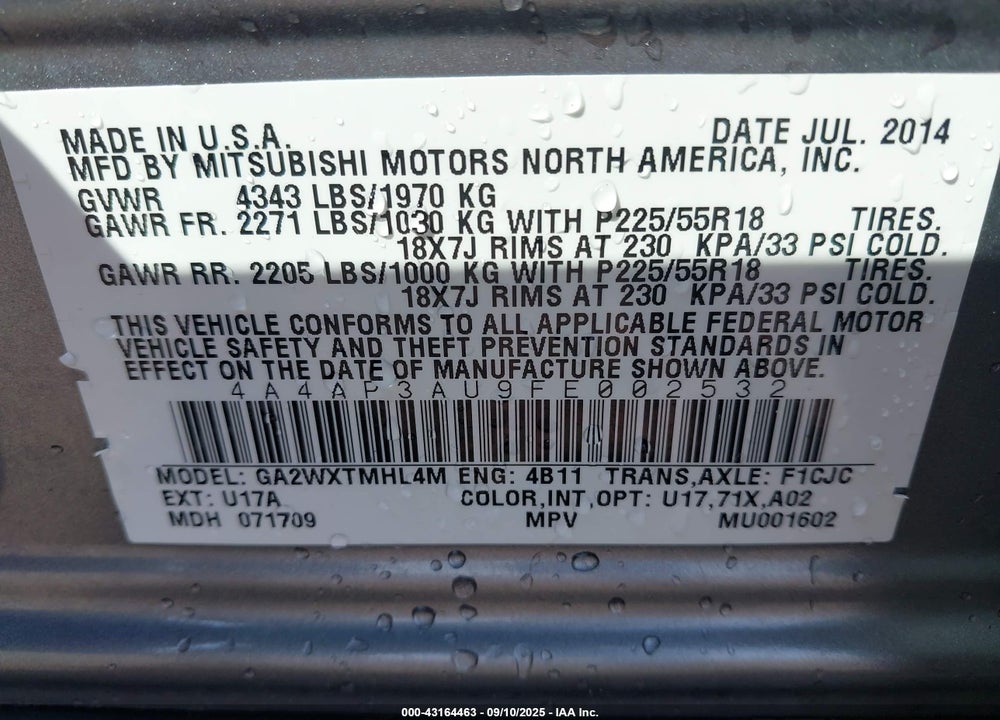 2015 MITSUBISHI OUTLANDER SPORT VIN: 4A4AP3AU9FE002532