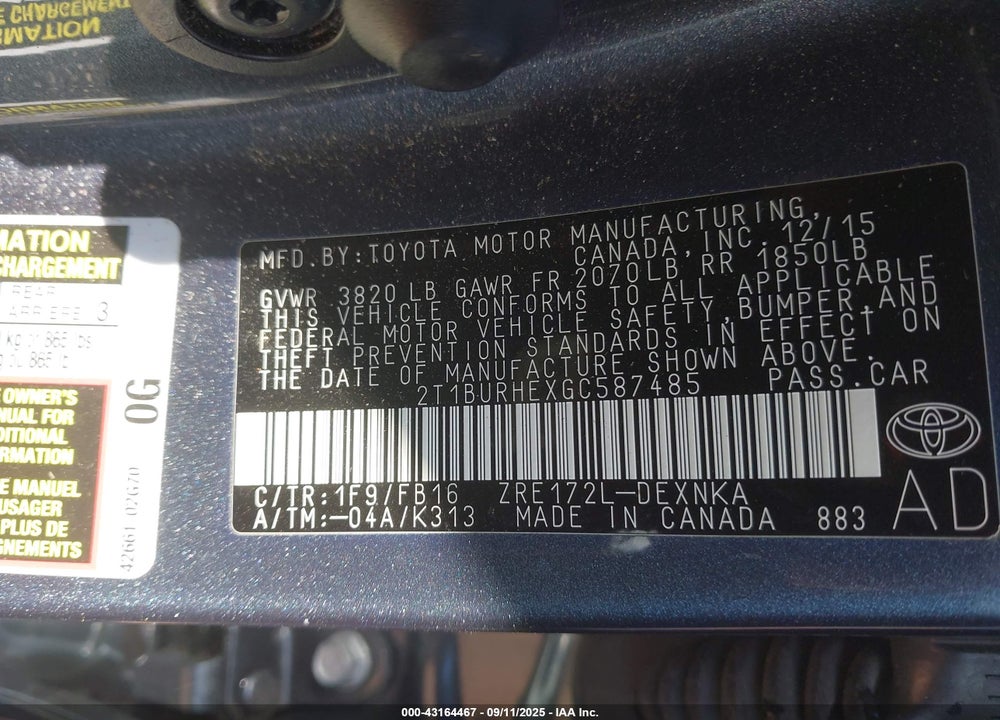 2016 TOYOTA COROLLA VIN: 2T1BURHEXGC587485