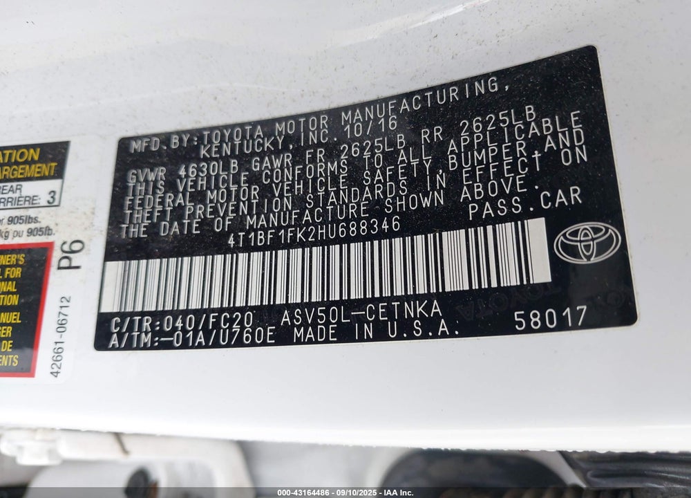 2017 TOYOTA CAMRY LE VIN: 4T1BF1FK2HU688346