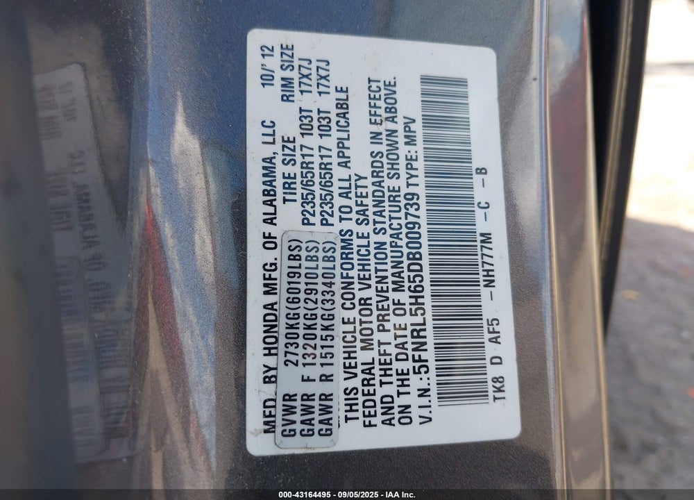 2013 HONDA ODYSSEY EX-L VIN: 5FNRL5H65DB009739