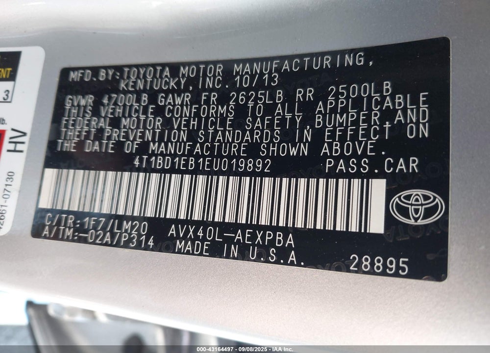 2014 TOYOTA AVALON HYBRID VIN: 4T1BD1EB1EU019892