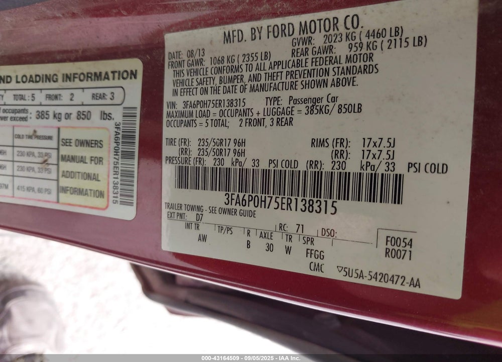 2014 FORD FUSION VIN: 3FA6P0H75ER138315