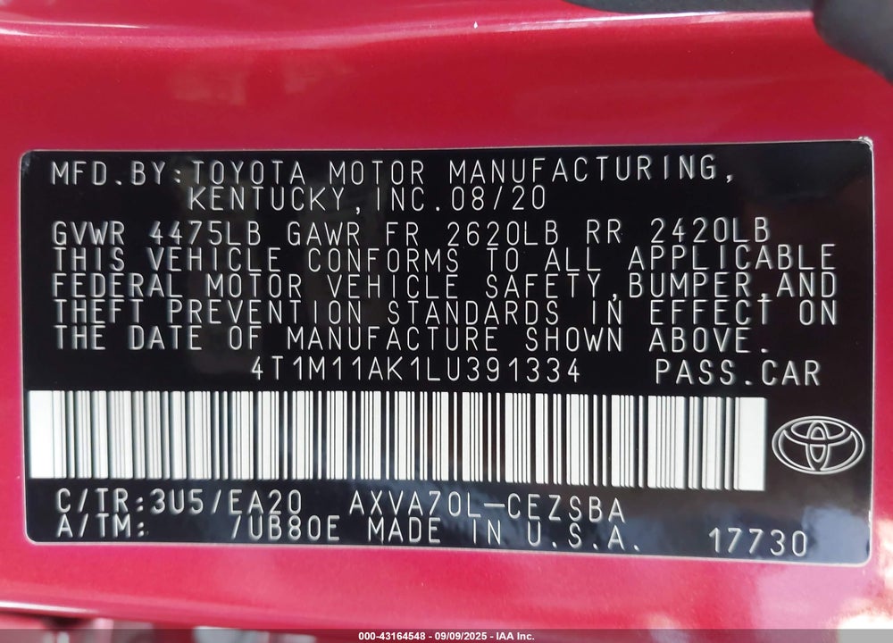 2020 TOYOTA CAMRY VIN: 4T1M11AK1LU391334