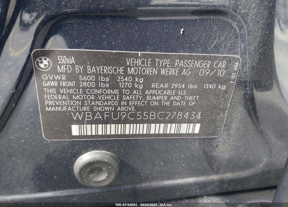 2011 BMW 5 SERIES VIN: WBAFU9C55BC278434