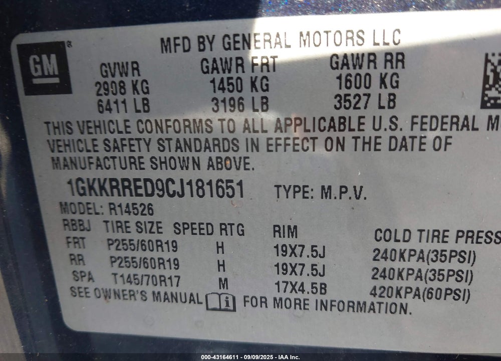 2012 GMC ACADIA VIN: 1GKKRRED9CJ181651