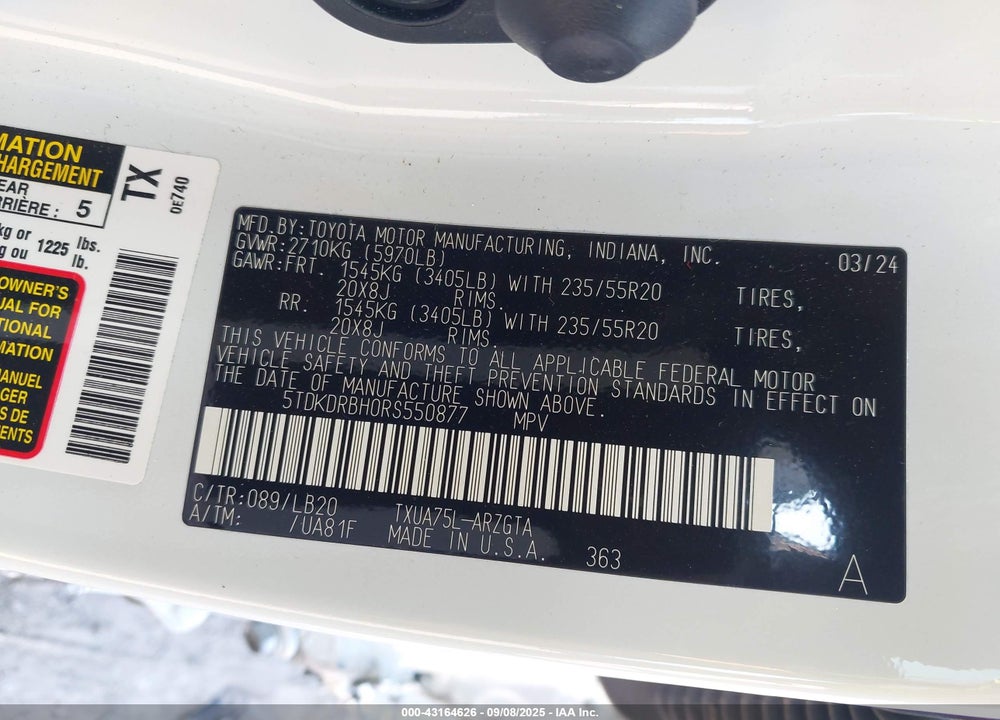 2024 TOYOTA HIGHLANDER VIN: 5TDKDRBH0RS550877
