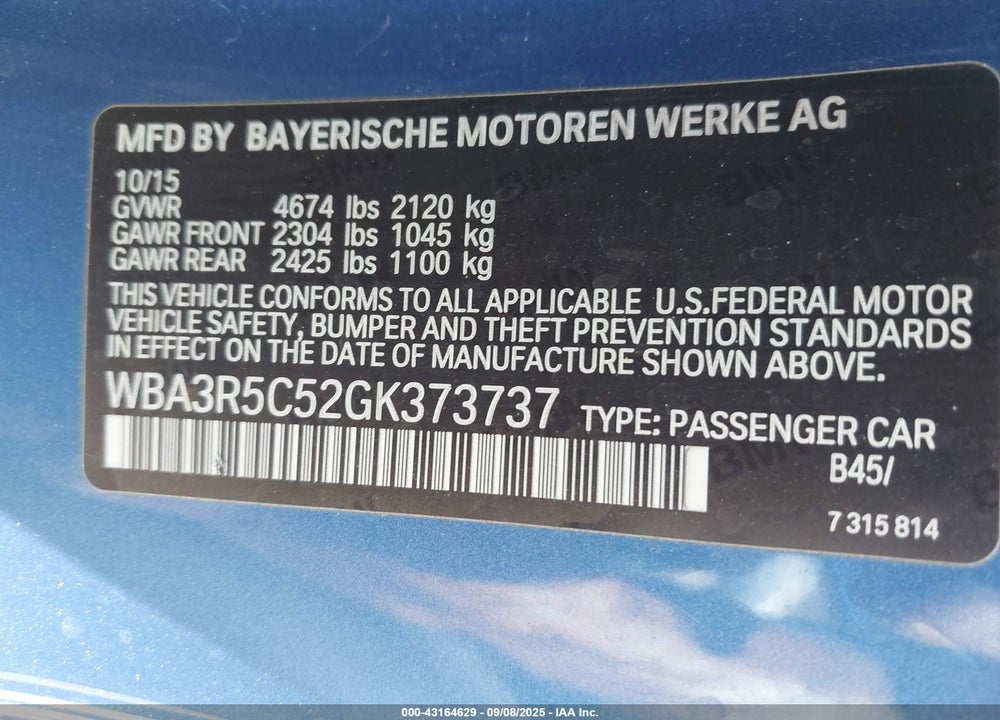 2016 BMW 4 SERIES VIN: WBA3R5C52GK373737