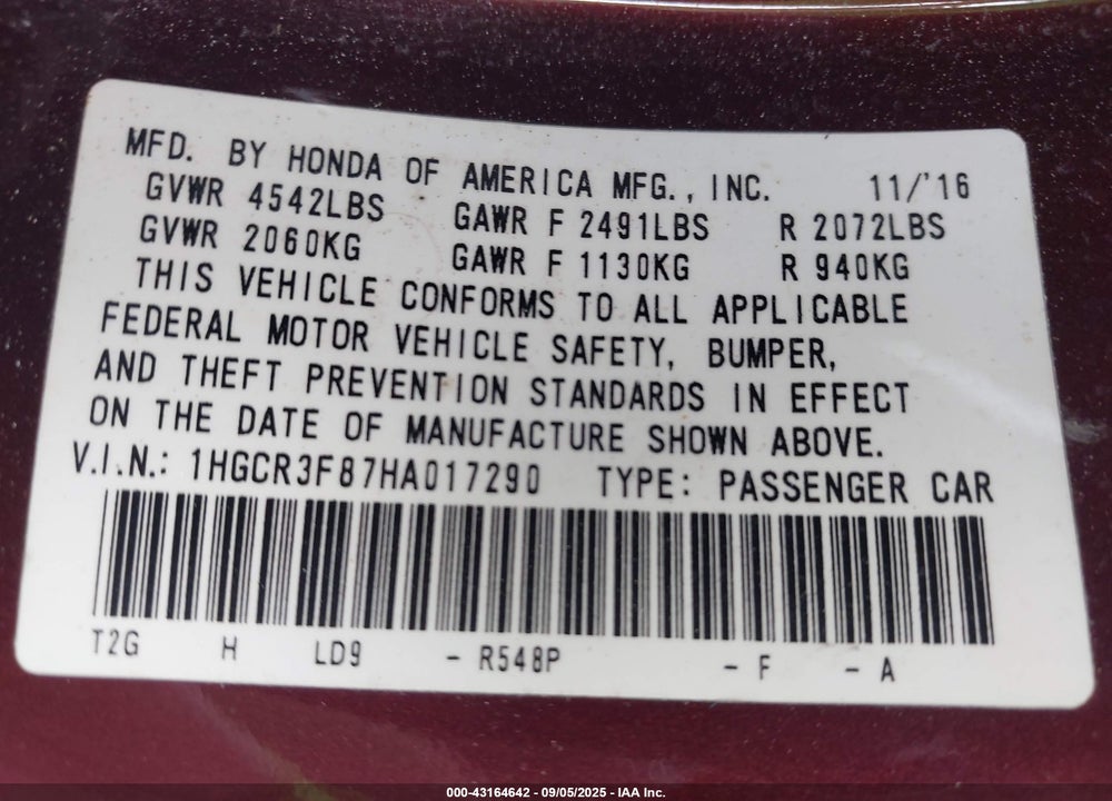 2017 HONDA ACCORD EX-L V6 VIN: 1HGCR3F87HA017290
