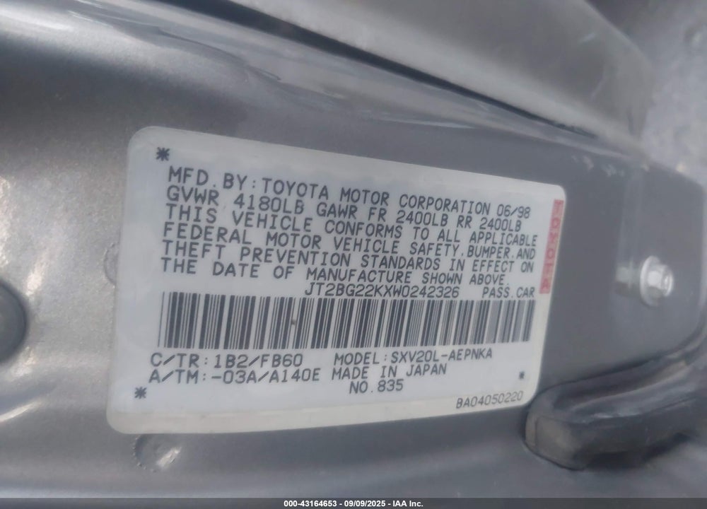 1998 TOYOTA CAMRY LE VIN: JT2BG22KXW0242326