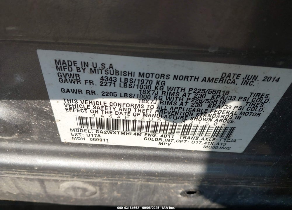 2014 MITSUBISHI OUTLANDER SPORT VIN: 4A4AP3AU5EE031508
