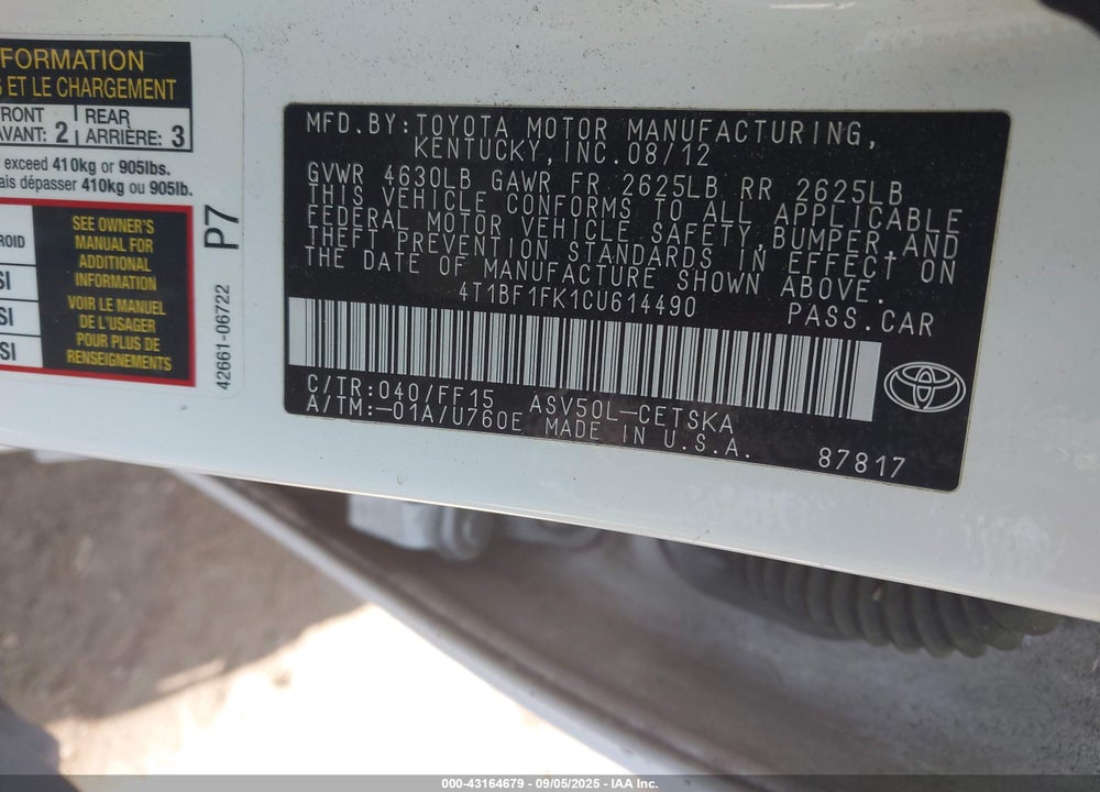 2012 TOYOTA CAMRY VIN: 4T1BF1FK1CU614490