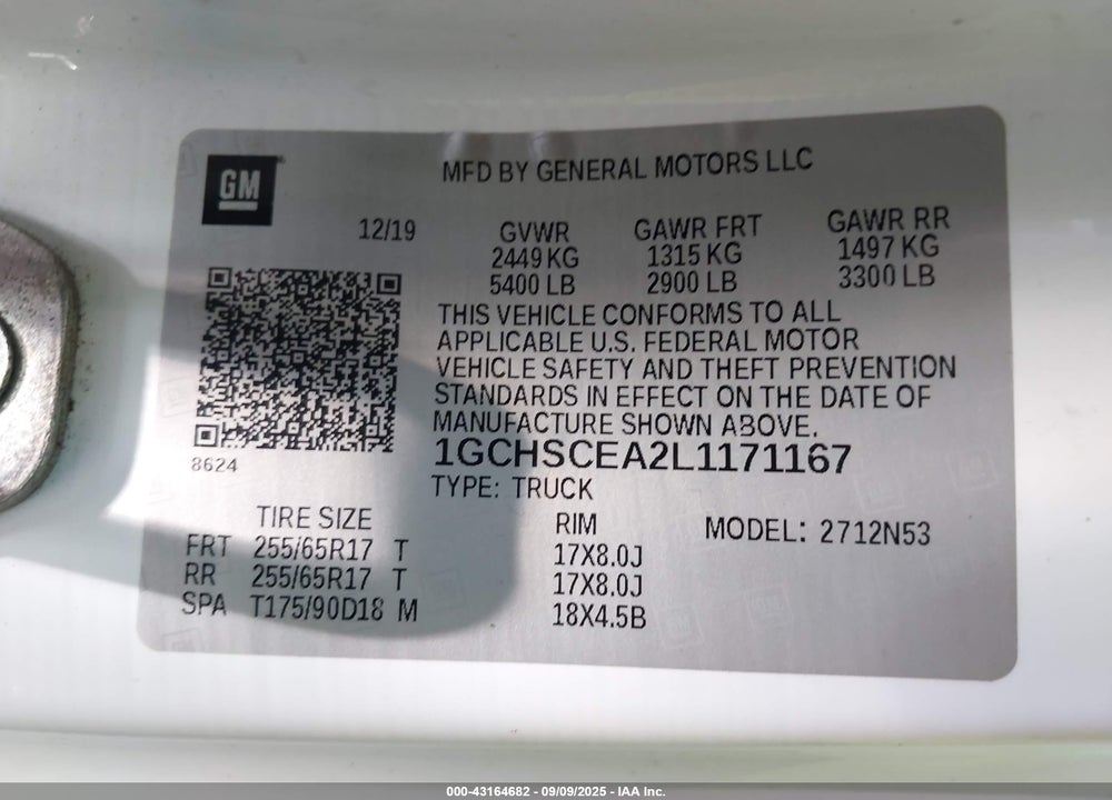 2020 CHEVROLET COLORADO VIN: 1GCHSCEA2L1171167