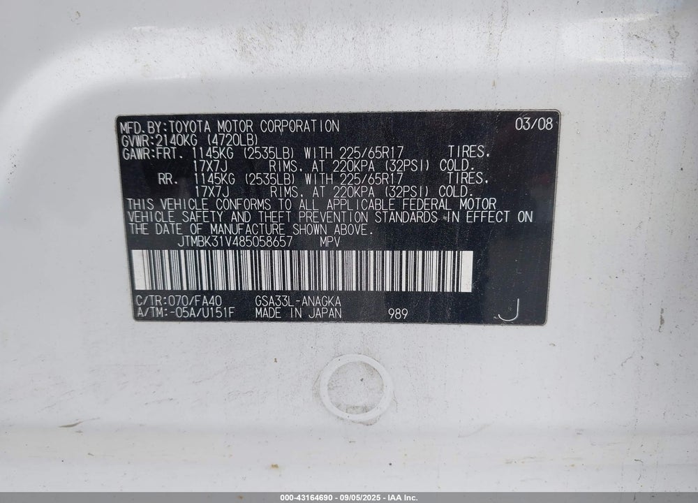 2008 TOYOTA RAV4 LIMITED V6 VIN: JTMBK31V485058657